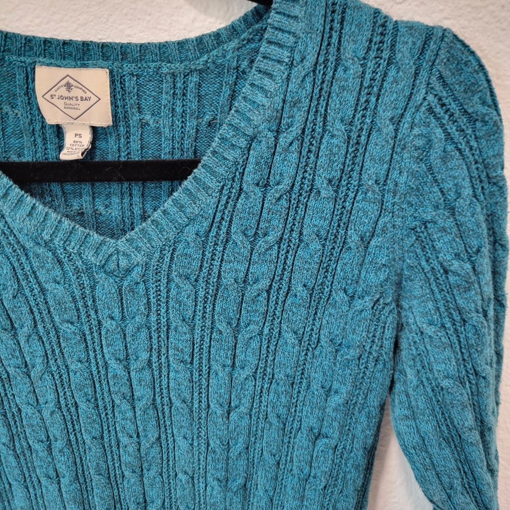 St. John’s Bay Teal V-Neck Cable Knit Sweater Women’s PS - Picture 3 of 4